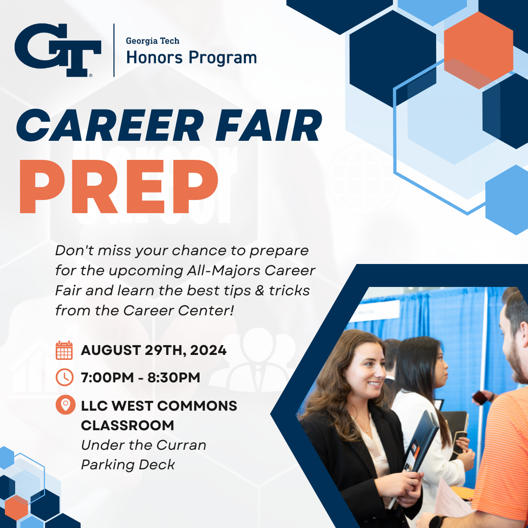 A flyer for the Honors Program Career Fair Prep Workshop on August 29th, 2024.